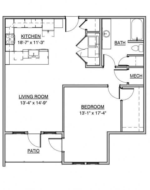 Floor plan for 1 bed, 1 bath, 960 sqft